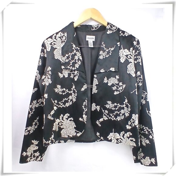 Chico's Black Silk Short Cropped Embroidered Floral Open Front Blazer Jacket EUC - Picture 1 of 6